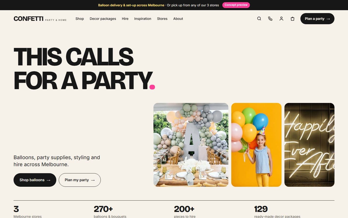 Party store website redesign homepage on desktop