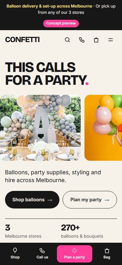 Party store website redesign on mobile